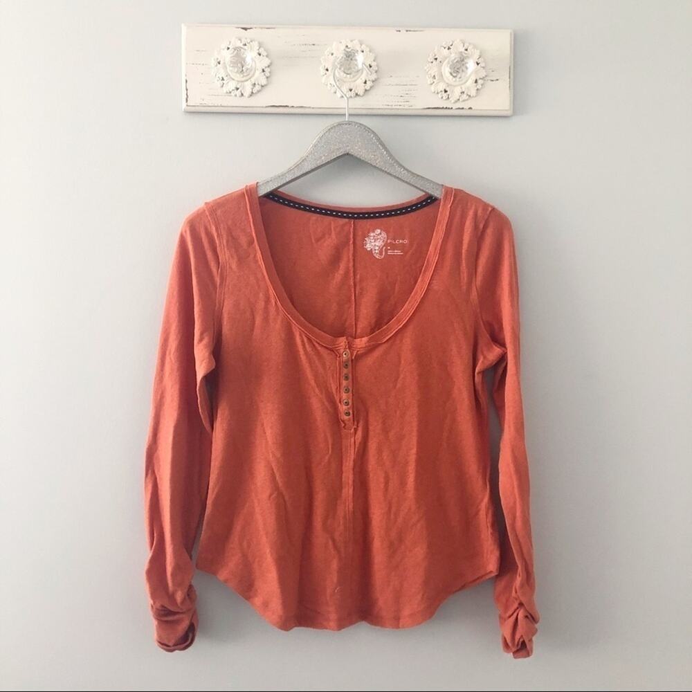 Anthropologie Pilcro Orange Linen Cotton Sustainable Henley Long Sleeve Top NEW